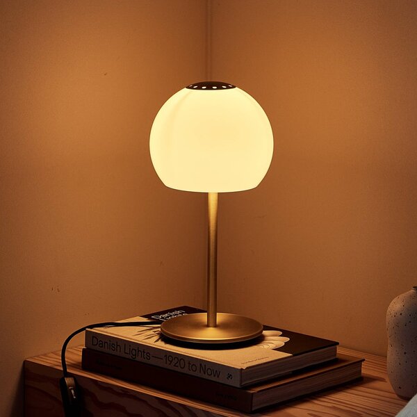 FRANDSEN Stolní lampa Ball Glass, pískově šedá, sklo, 37 cm, E14, Krémová / jantar, Obývací pokoj / jídelna, Sklo, Design