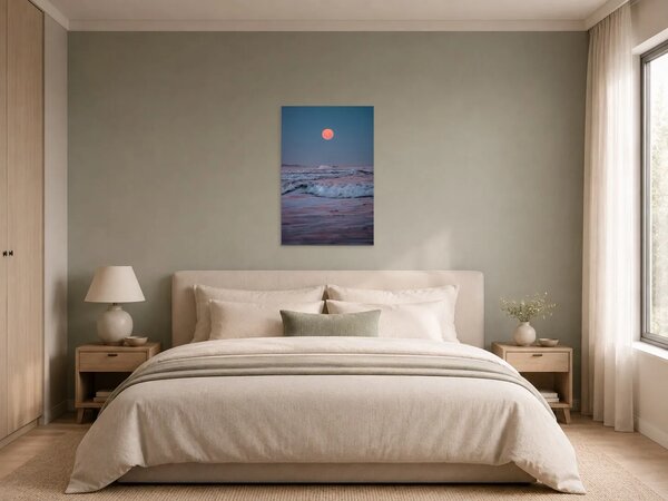 Růžový měsíc nad rozbouřeným mořem – Jednodílný obraz, 30 × 40 cm