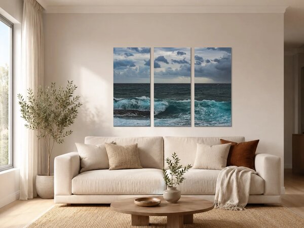 Bouřlivé moře pod dramatickou oblohou – Třídílný obraz A, 90 × 60 cm
