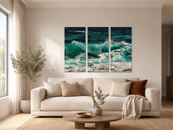 Tyrkysová vlna v příboji – Třídílný obraz A, 90 × 60 cm