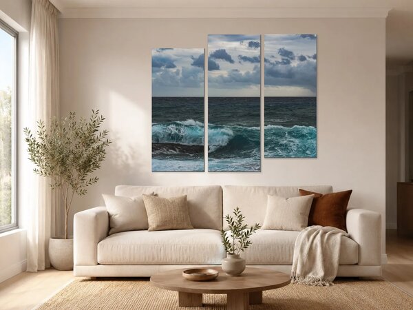 Bouřlivé moře pod dramatickou oblohou – Třídílný obraz C, 120 × 100 cm