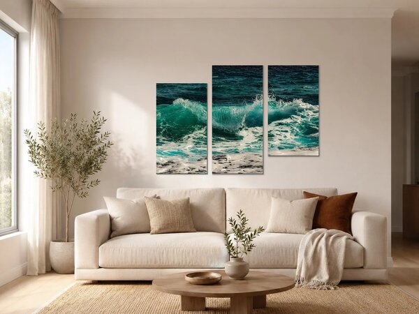 Tyrkysová vlna v příboji – Třídílný obraz C, 90 × 60 cm