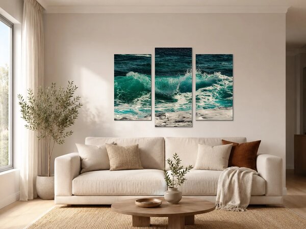 Tyrkysová vlna v příboji – Třídílný obraz B, 90 × 60 cm