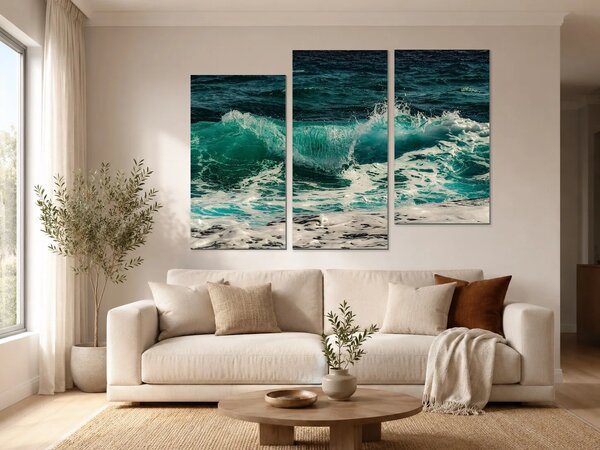Tyrkysová vlna v příboji – Třídílný obraz C, 120 × 80 cm