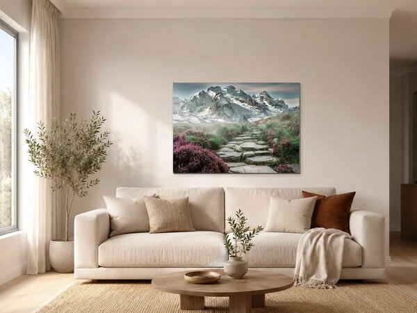 Horská stezka pod zasněženými štíty – Jednodílný obraz, 70 × 50 cm
