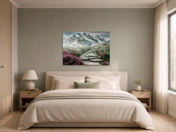 Horská stezka pod zasněženými štíty – Jednodílný obraz, 70 × 50 cm