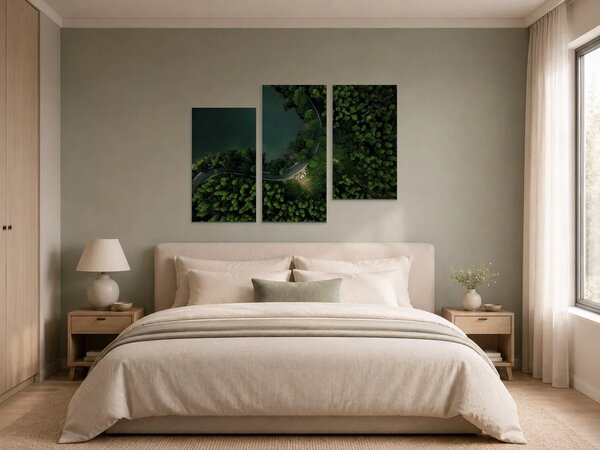 Klikatá silnice u lesního jezera – Třídílný obraz C, 90 × 60 cm