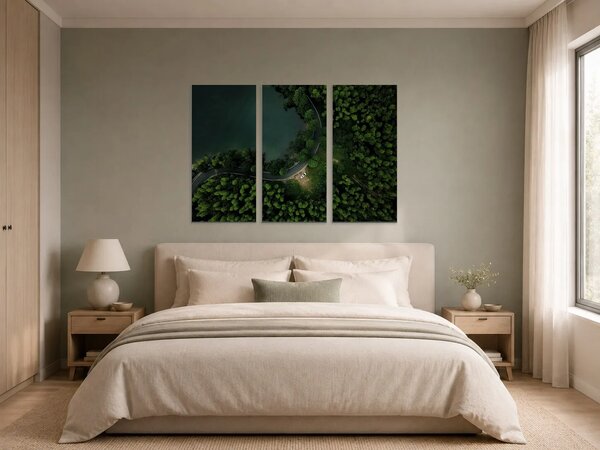 Klikatá silnice u lesního jezera – Třídílný obraz A, 90 × 60 cm