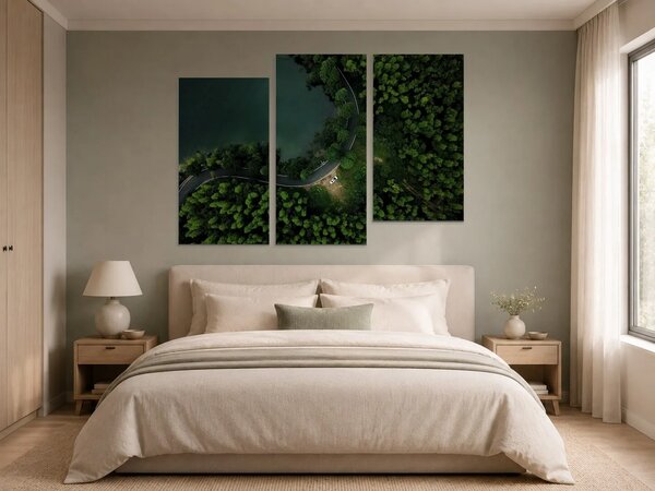 Klikatá silnice u lesního jezera – Třídílný obraz C, 120 × 80 cm