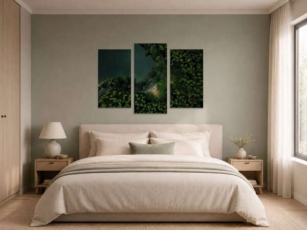 Klikatá silnice u lesního jezera – Třídílný obraz B, 90 × 60 cm