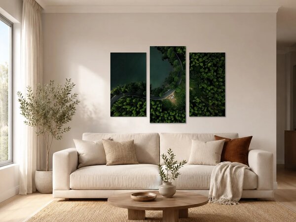 Klikatá silnice u lesního jezera – Třídílný obraz B, 90 × 60 cm
