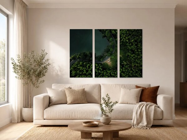 Klikatá silnice u lesního jezera – Třídílný obraz A, 90 × 60 cm