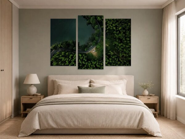 Klikatá silnice u lesního jezera – Třídílný obraz B, 120 × 80 cm