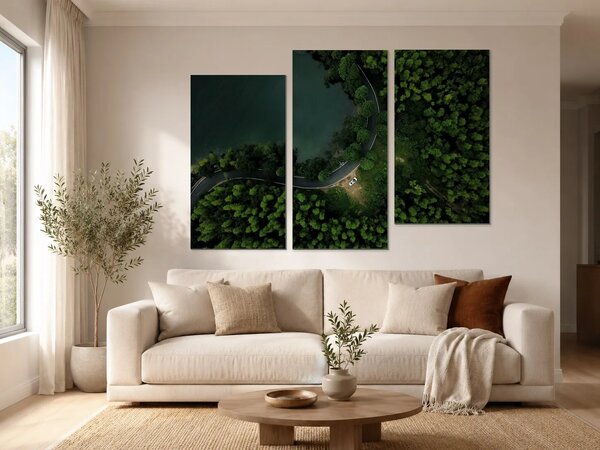 Klikatá silnice u lesního jezera – Třídílný obraz C, 120 × 80 cm