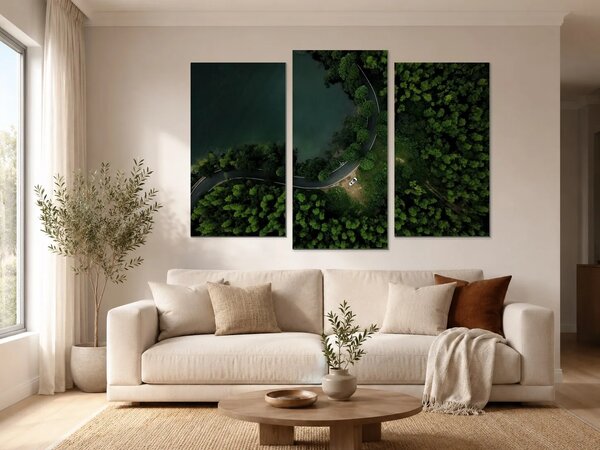 Klikatá silnice u lesního jezera – Třídílný obraz B, 120 × 80 cm