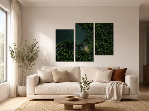 Klikatá silnice u lesního jezera – Třídílný obraz C, 90 × 60 cm
