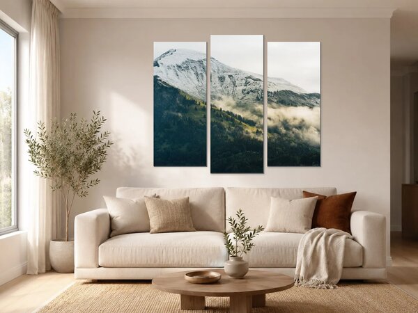 Zasněžený horský vrchol v mlze – Třídílný obraz B, 120 × 100 cm
