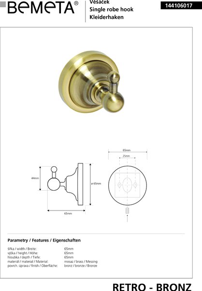 Bemeta Design RETRO bronz: Háček - 144106017