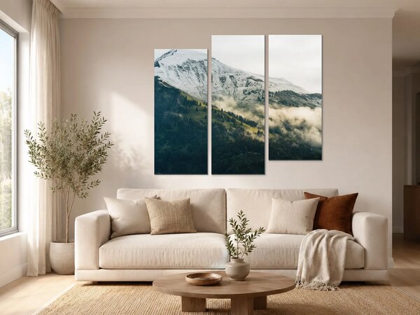 Zasněžený horský vrchol v mlze – Třídílný obraz C, 120 × 100 cm