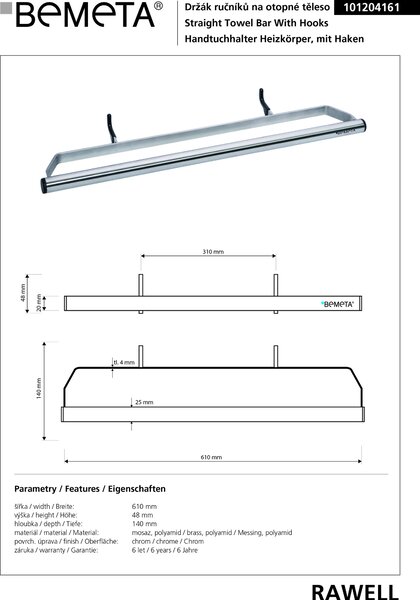 Bemeta Design RAWELL: Držák ručníků na topné těleso, 610 mm, lesk - 101204161