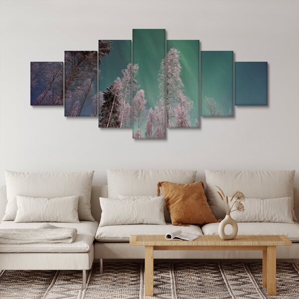 Obraz polární záře nad zmrzlými stromy (210x100 cm)