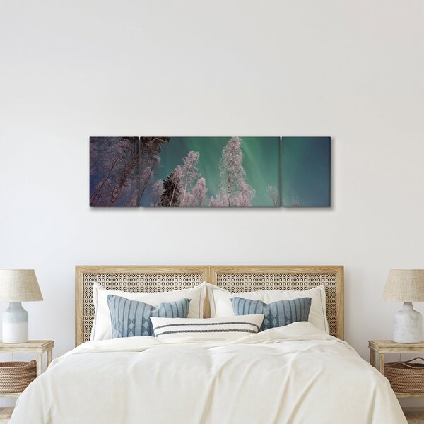 Obraz polární záře nad zmrzlými stromy (170x50 cm)