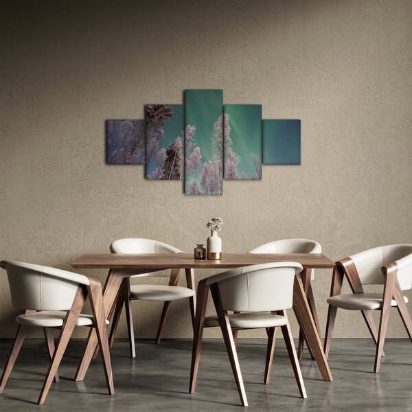 Obraz polární záře nad zmrzlými stromy (125x70 cm)