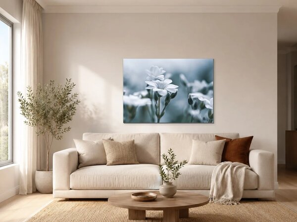 Jemné bílé květy v modrém oparu – Jednodílný obraz, 70 × 50 cm