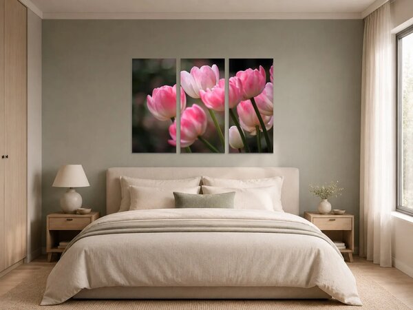 Růžové tulipány v jemném světle – Třídílný obraz A, 90 × 60 cm