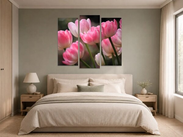 Růžové tulipány v jemném světle – Třídílný obraz B, 120 × 100 cm