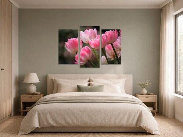 Růžové tulipány v jemném světle – Třídílný obraz B, 90 × 60 cm