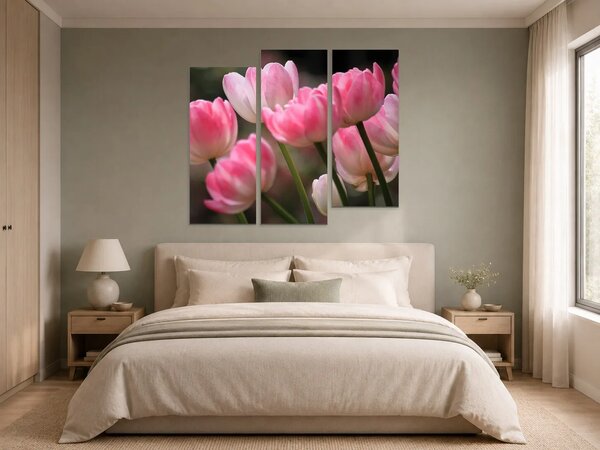 Růžové tulipány v jemném světle – Třídílný obraz C, 150 × 100 cm