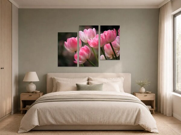 Růžové tulipány v jemném světle – Třídílný obraz C, 90 × 60 cm