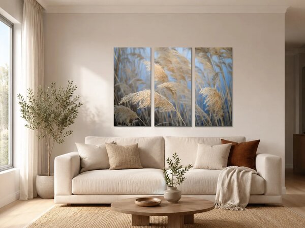 Zlatavé rákosí na modrém pozadí – Třídílný obraz A, 90 × 60 cm