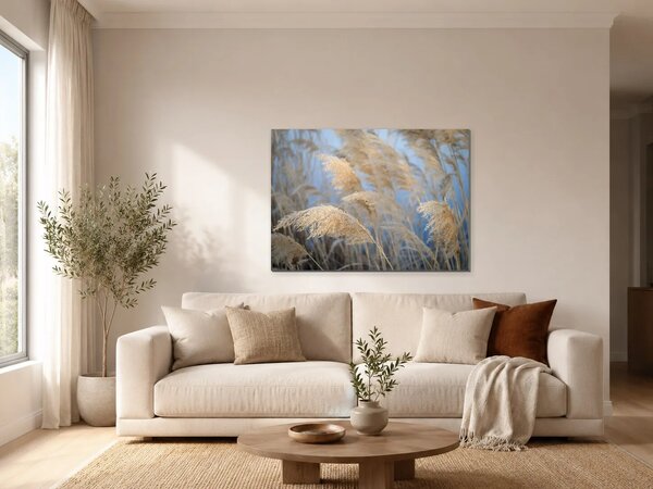 Zlatavé rákosí na modrém pozadí – Jednodílný obraz, 70 × 50 cm