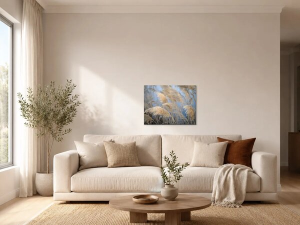 Zlatavé rákosí na modrém pozadí – Jednodílný obraz, 40 × 30 cm