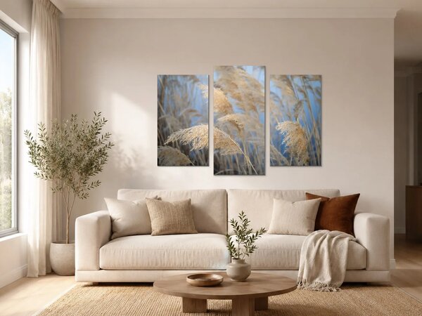 Zlatavé rákosí na modrém pozadí – Třídílný obraz B, 90 × 60 cm