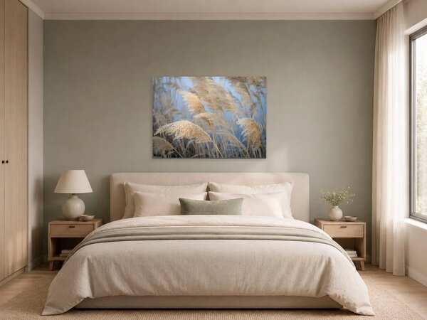Zlatavé rákosí na modrém pozadí – Jednodílný obraz, 70 × 50 cm