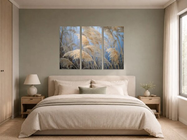 Zlatavé rákosí na modrém pozadí – Třídílný obraz A, 90 × 60 cm