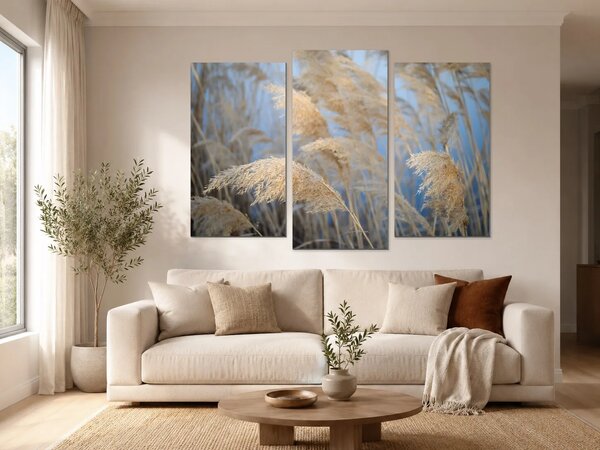 Zlatavé rákosí na modrém pozadí – Třídílný obraz B, 120 × 80 cm
