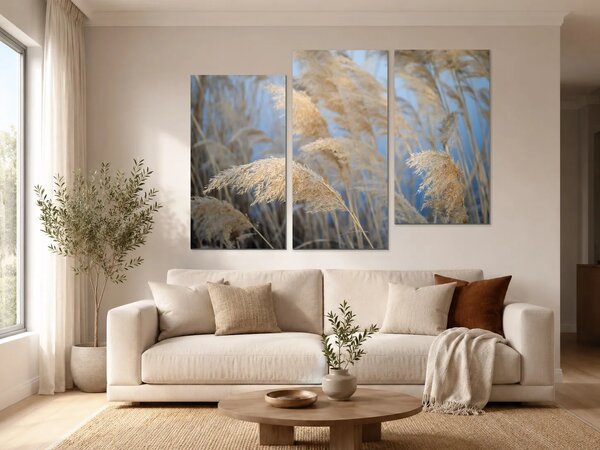 Zlatavé rákosí na modrém pozadí – Třídílný obraz C, 120 × 80 cm
