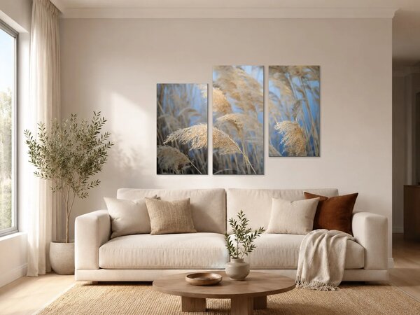 Zlatavé rákosí na modrém pozadí – Třídílný obraz C, 90 × 60 cm