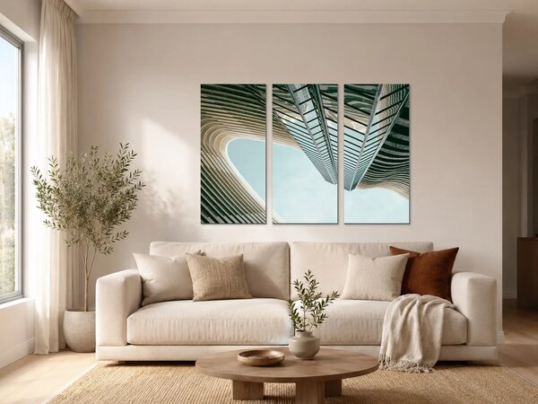 Pohled vzhůru mezi mrakodrapy – Třídílný obraz A, 90 × 60 cm