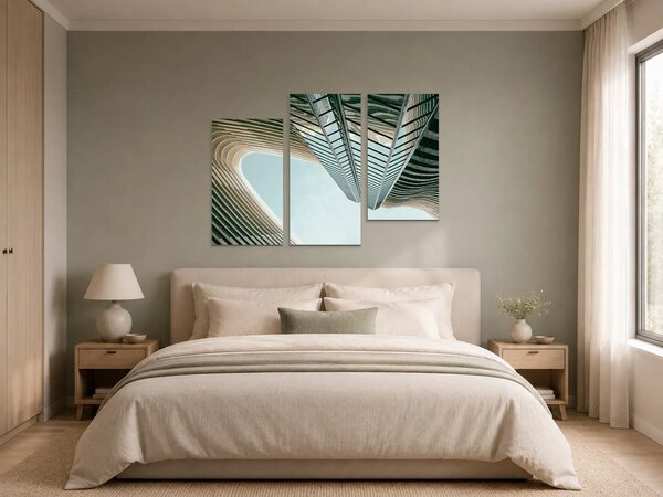 Pohled vzhůru mezi mrakodrapy – Třídílný obraz C, 90 × 60 cm