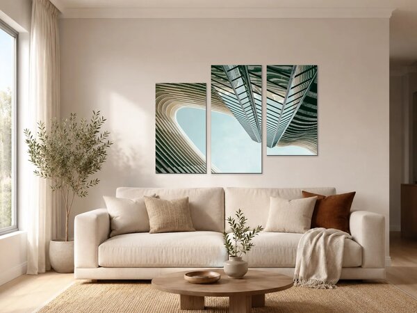 Pohled vzhůru mezi mrakodrapy – Třídílný obraz C, 90 × 60 cm