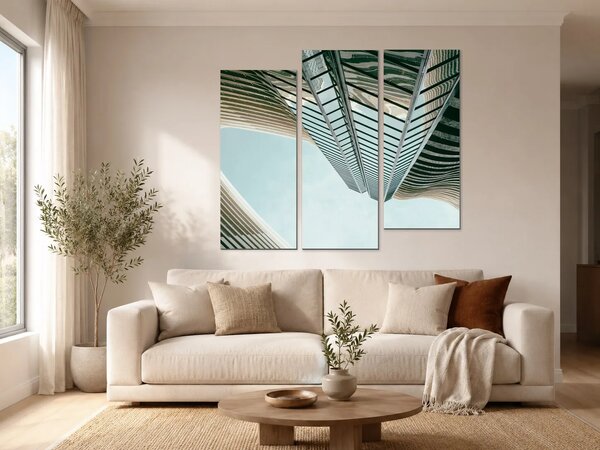 Pohled vzhůru mezi mrakodrapy – Třídílný obraz C, 120 × 100 cm