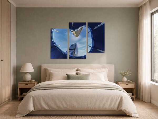 Pohled vzhůru mezi moderními mrakodrapy – Třídílný obraz C, 90 × 60 cm