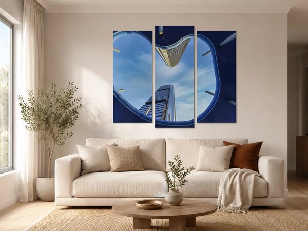 Pohled vzhůru mezi moderními mrakodrapy – Třídílný obraz B, 120 × 100 cm