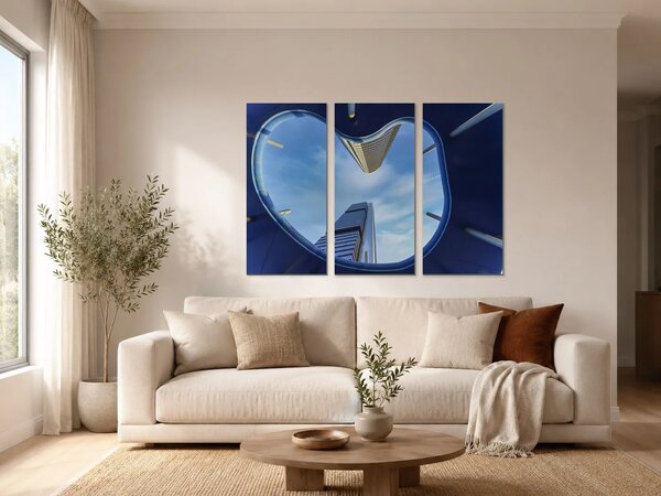 Pohled vzhůru mezi moderními mrakodrapy – Třídílný obraz A, 90 × 60 cm