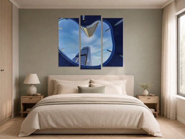 Pohled vzhůru mezi moderními mrakodrapy – Třídílný obraz B, 120 × 100 cm